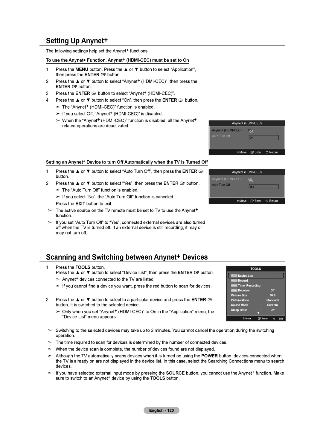 Samsung LN40A750R1F, LN52A750R1F Setting Up Anynet+, Scanning and Switching between Anynet+ Devices, Anynet+ HDMI-CEC 