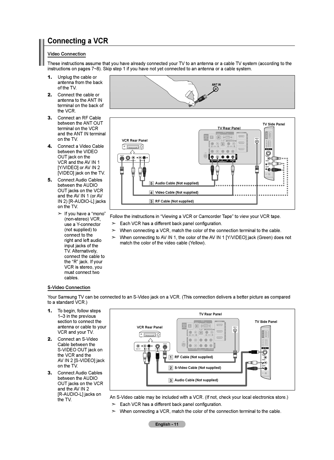 Samsung LN46A750R1F, LN52A750R1F, LN40A750R1F user manual Connecting a VCR, Video Connection 