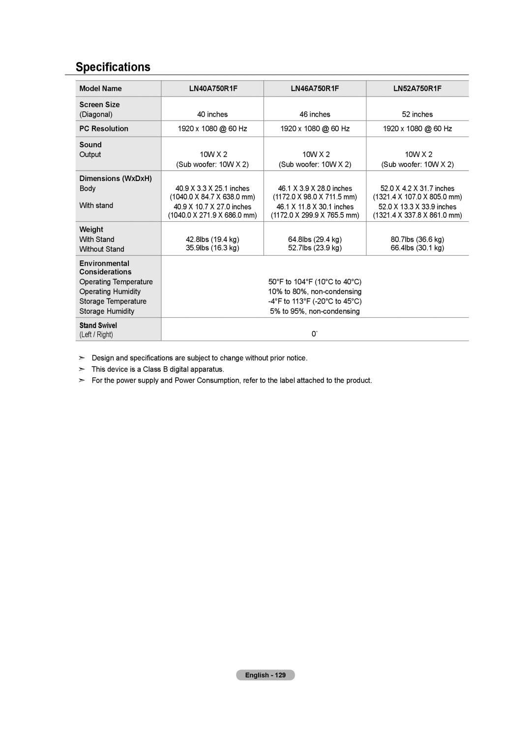 Samsung LN40A750R1F, LN52A750R1F, LN46A750R1F user manual Specifications 