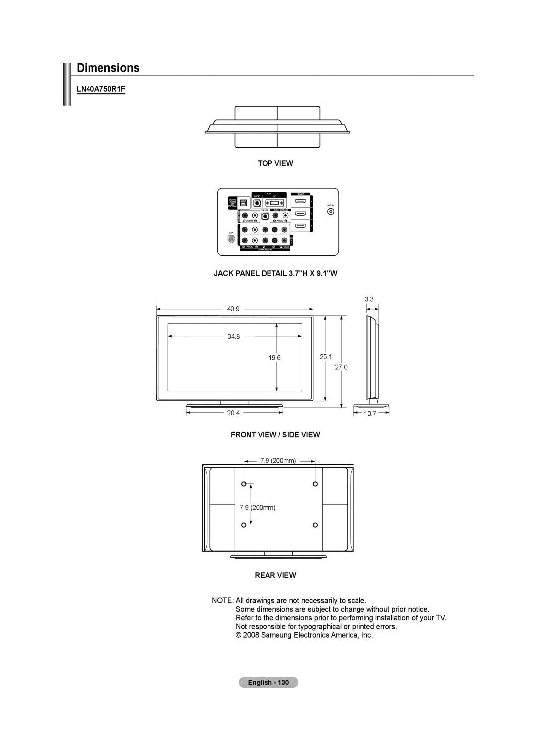 Samsung LN52A750R1F, LN46A750R1F, LN40A750R1F user manual Dimensions, Rear View 