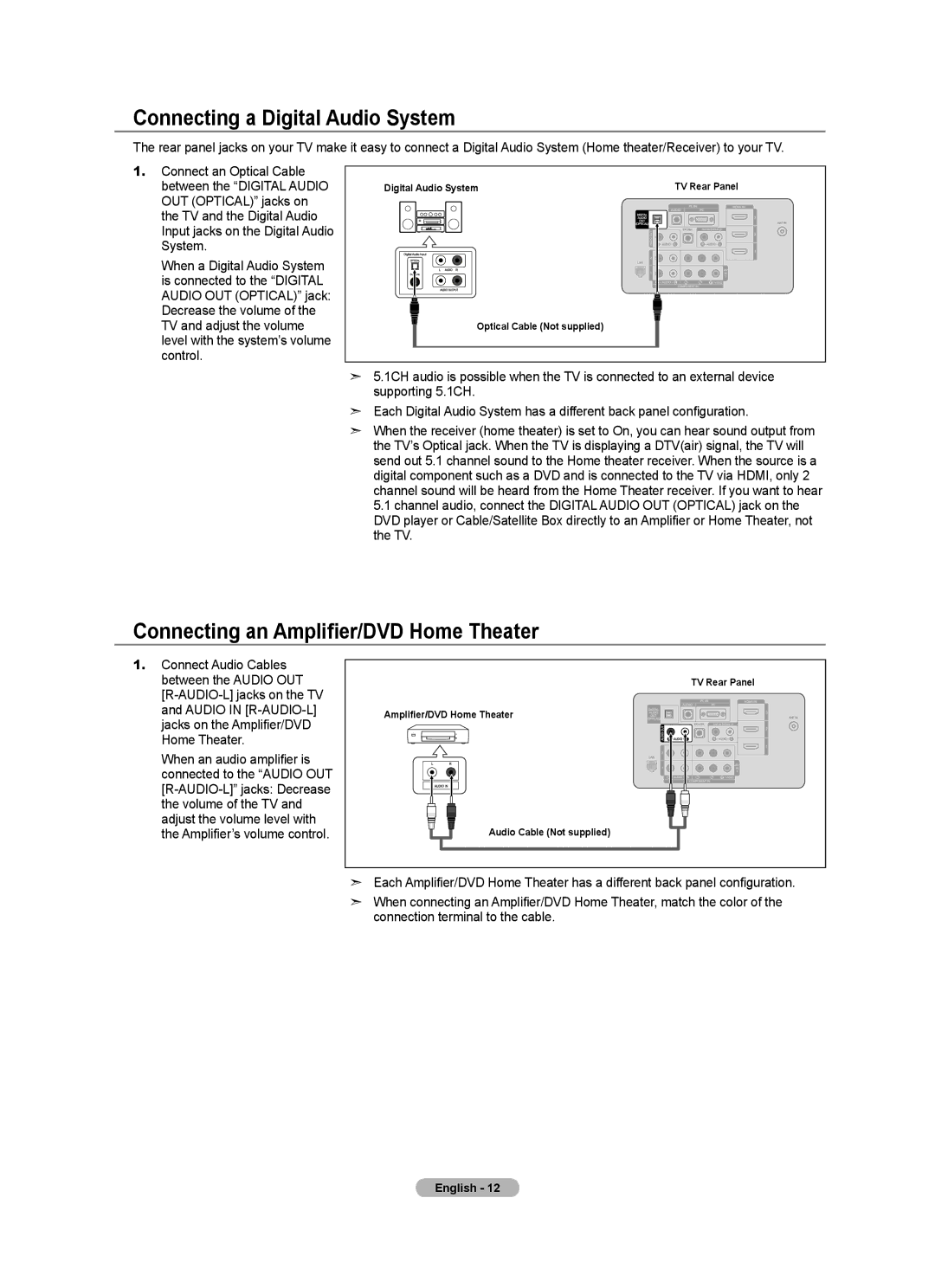 Samsung LN40A750R1F, LN52A750R1F, LN46A750R1F Connecting a Digital Audio System, Connecting an Amplifier/DVD Home Theater 