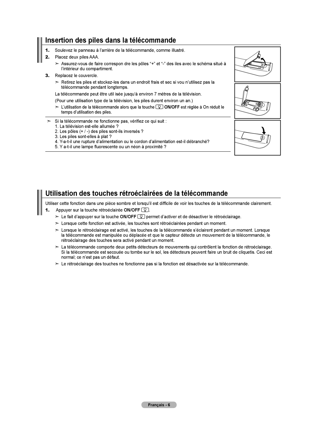 Samsung LN40A750R1F Insertion des piles dans la télécommande, Utilisation des touches rétroéclairées de la télécommande 