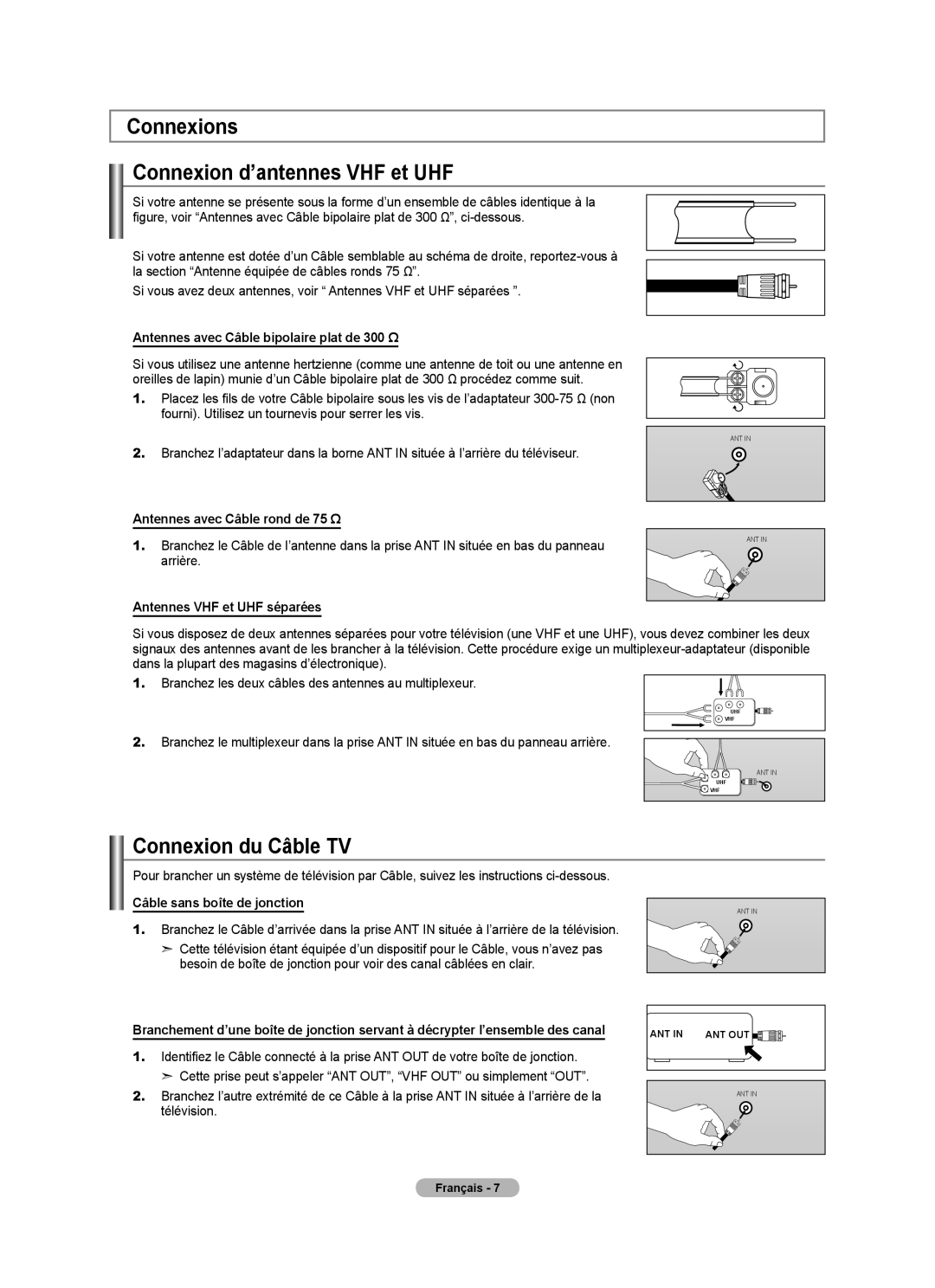 Samsung LN52A750R1F, LN46A750R1F, LN40A750R1F user manual Connexions Connexion d’antennes VHF et UHF, Connexion du Câble TV 