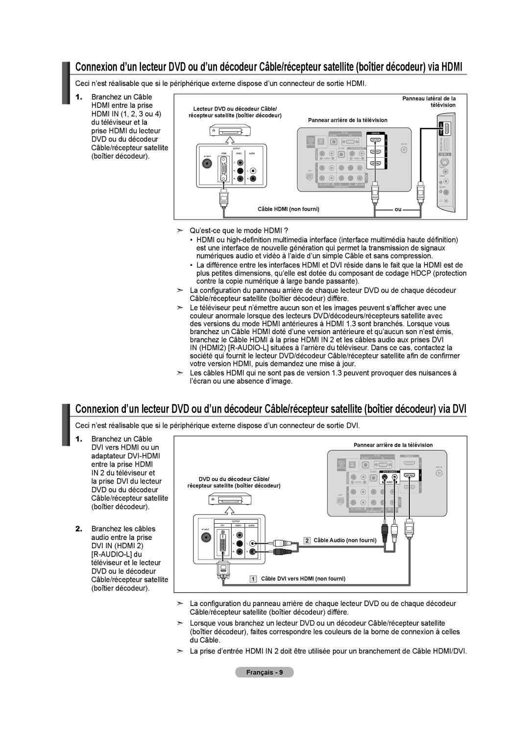 Samsung LN40A750R1F Qu’est-ce que le mode Hdmi ?, Boîtier décodeur, Branchez les câbles, Audio entre la prise, AUDIO-L du 