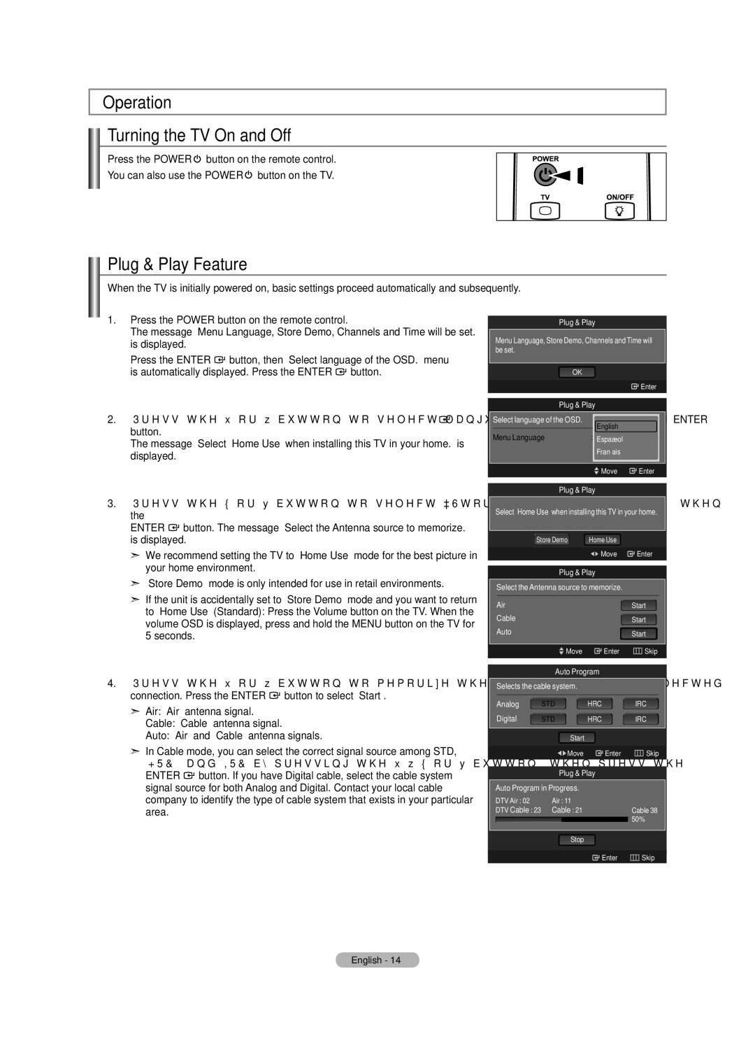 Samsung LN46A750R1F, LN52A750R1F, LN40A750R1F user manual Operation Turning the TV On and Off, Plug & Play Feature 