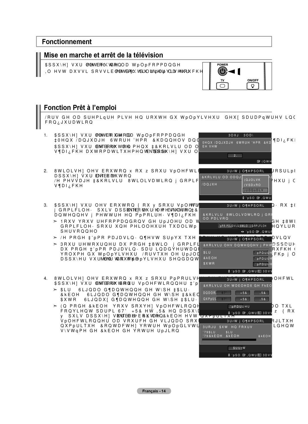 Samsung LN46A750R1F, LN52A750R1F Fonctionnement Mise en marche et arrêt de la télévision, Fonction Prêt à l’emploi 