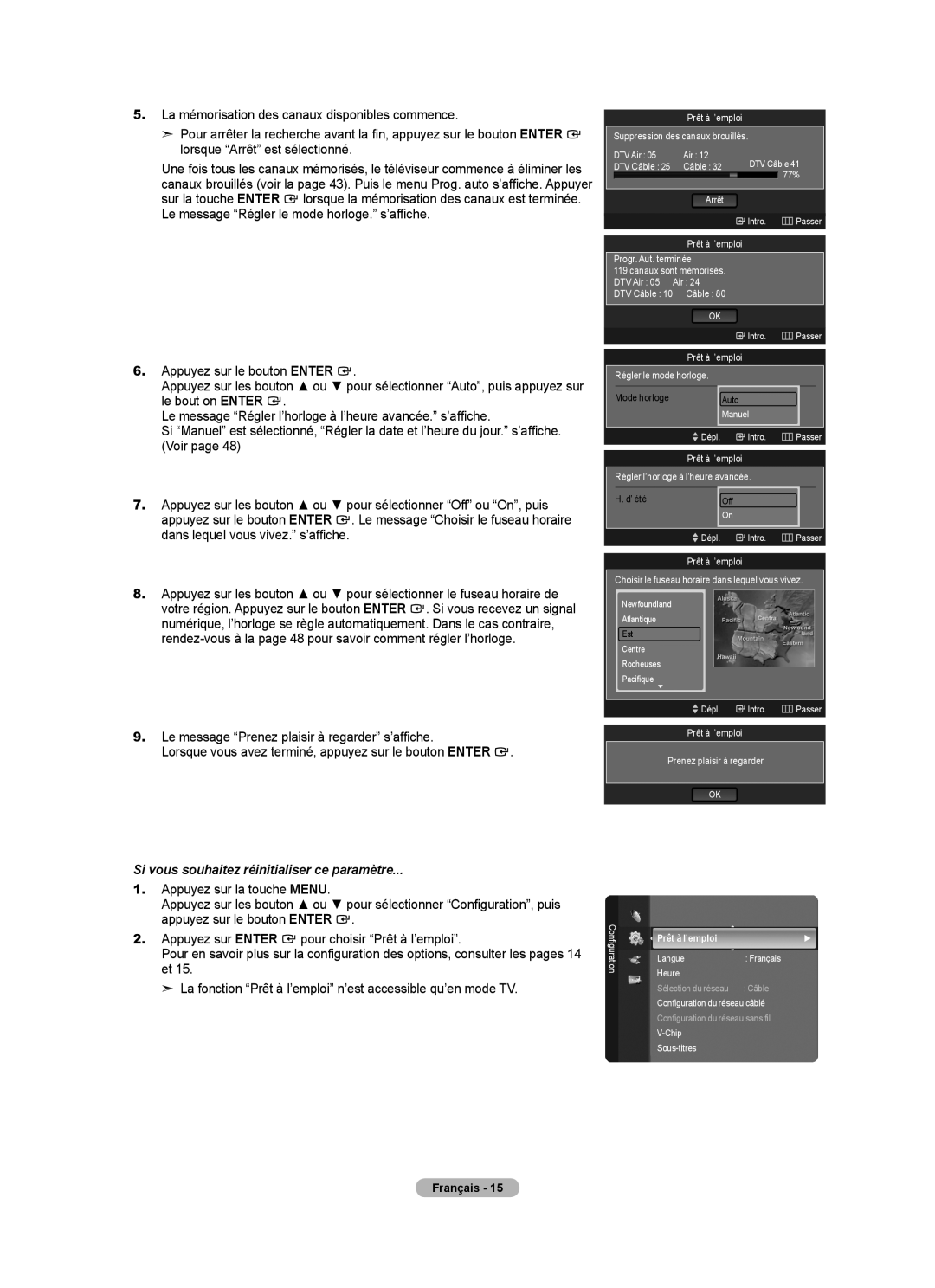 Samsung LN40A750R1F, LN52A750R1F Prêt à l’emploi Suppression des canaux brouillés, Régler le mode horloge Mode horloge 