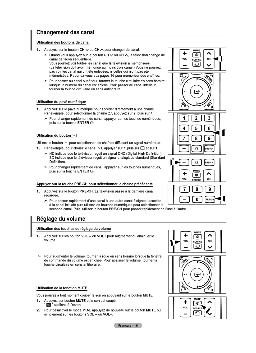 Samsung LN52A750R1F, LN46A750R1F, LN40A750R1F user manual Changement des canal, Réglage du volume 