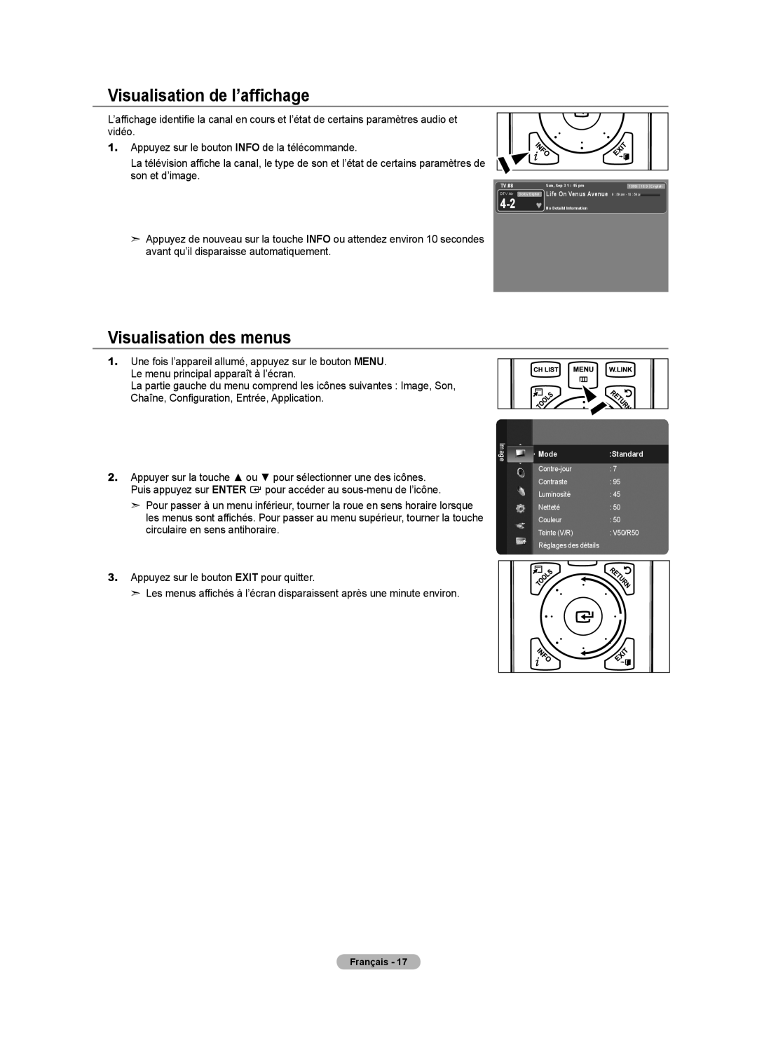 Samsung LN46A750R1F, LN52A750R1F Visualisation de l’affichage, Visualisation des menus, Circulaire en sens antihoraire 