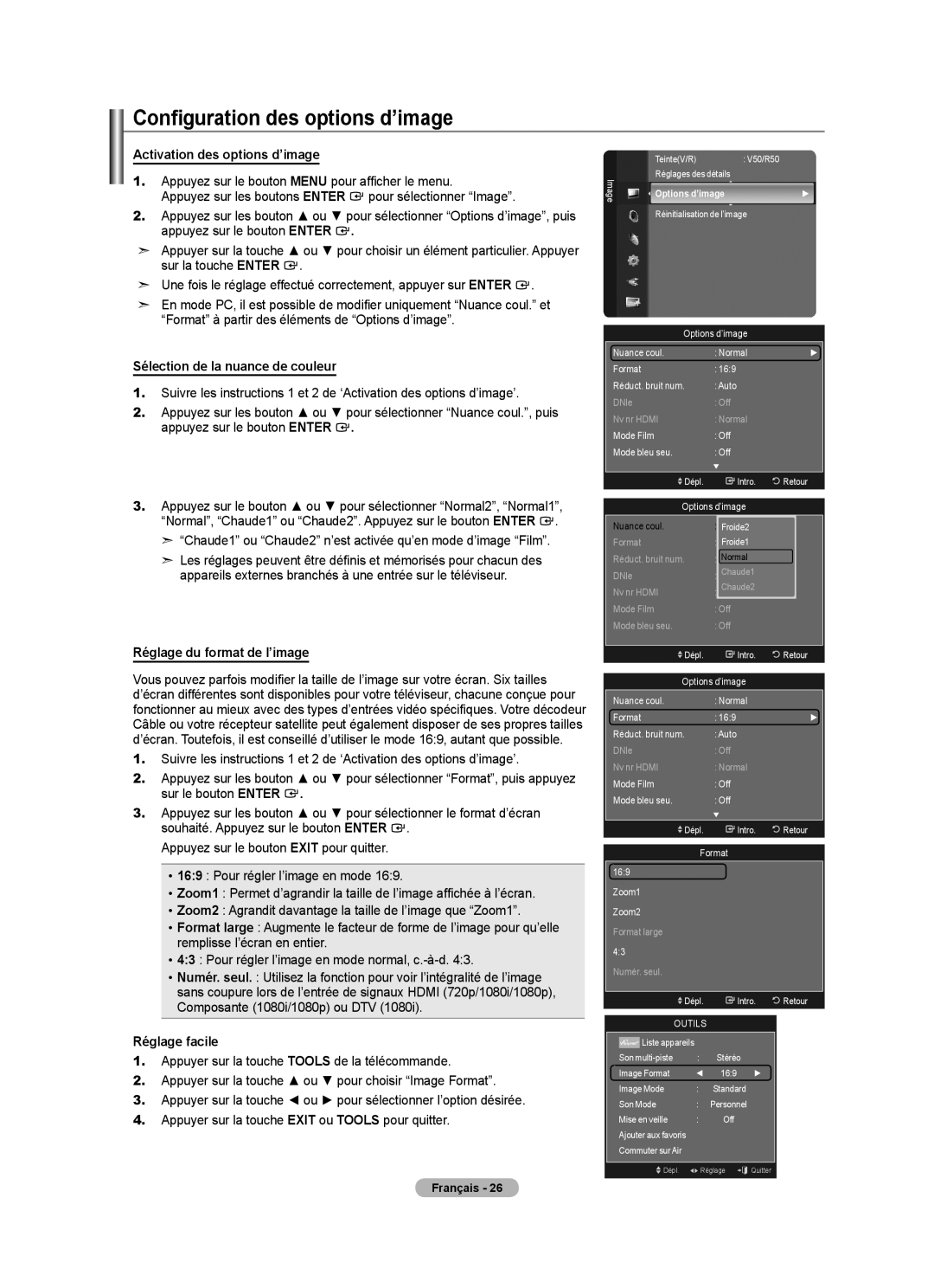 Samsung LN46A750R1F Configuration des options d’image, Activation des options d’image, Sélection de la nuance de couleur 