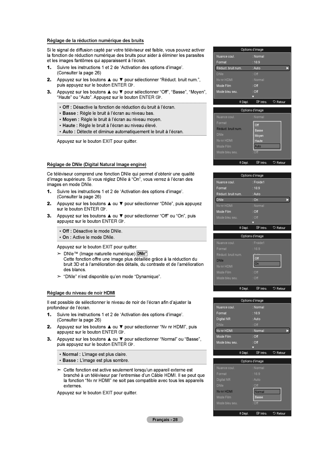 Samsung LN52A750R1F user manual Réglage de la réduction numérique des bruits, Réglage de DNIe Digital Natural Image engine 