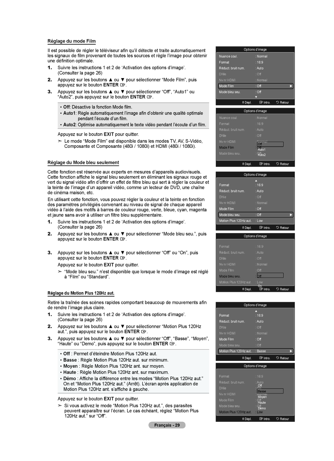 Samsung LN46A750R1F, LN52A750R1F Réglage du mode Film, Réglage du Mode bleu seulement, Réglage du Motion Plus 120Hz aut 