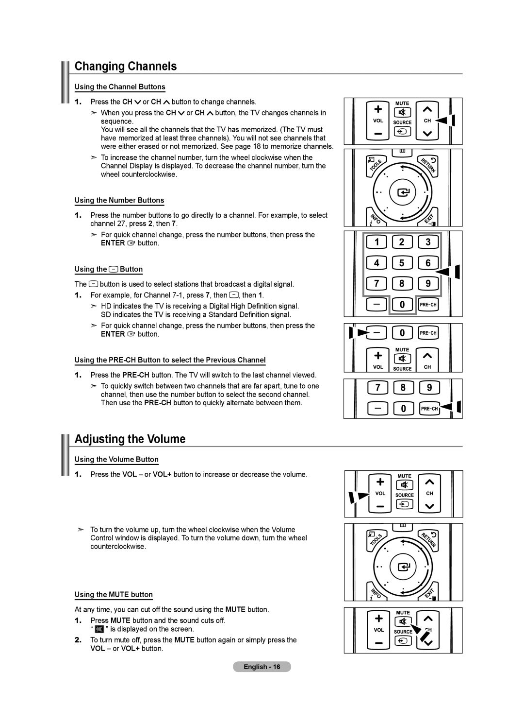 Samsung LN52A750R1F, LN46A750R1F, LN40A750R1F user manual Changing Channels, Adjusting the Volume 