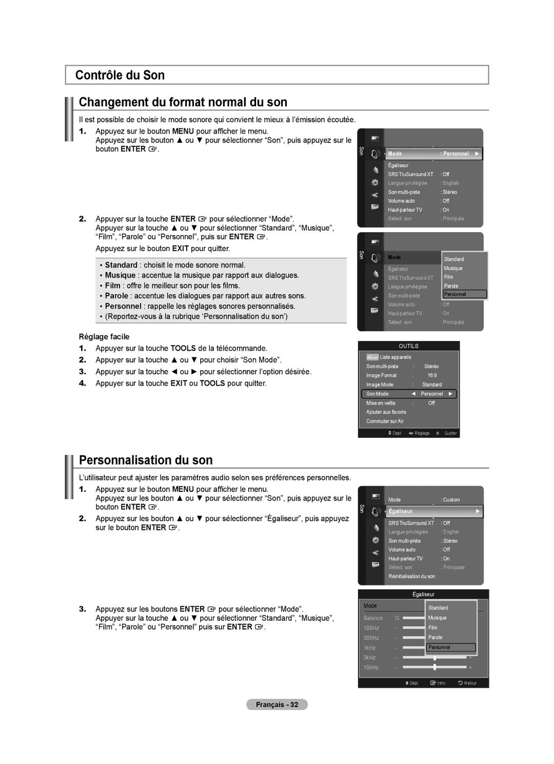 Samsung LN46A750R1F Contrôle du Son Changement du format normal du son, Personnalisation du son, Mode Personnel, Égaliseur 