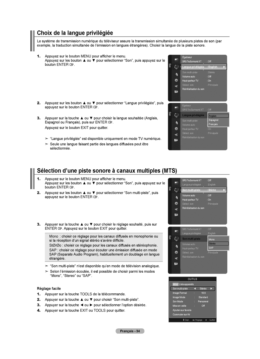 Samsung LN52A750R1F, LN46A750R1F Choix de la langue privilégiée, Sélection d’une piste sonore à canaux multiples MTS 