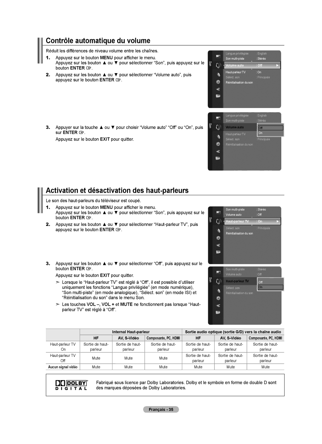 Samsung LN46A750R1F Contrôle automatique du volume, Activation et désactivation des haut-parleurs, Volume auto Off 