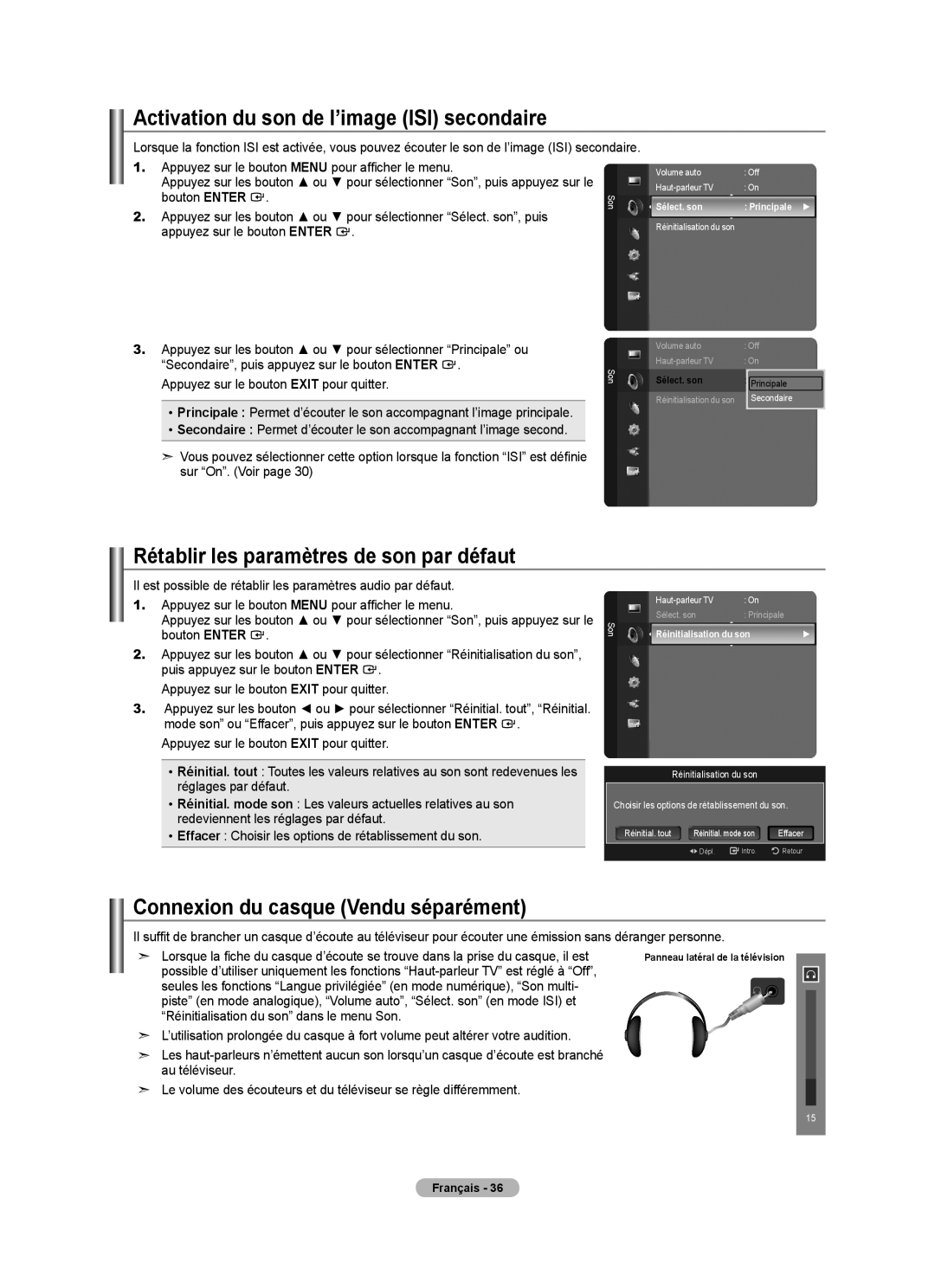 Samsung LN40A750R1F, LN52A750R1F Activation du son de l’image ISI secondaire, Rétablir les paramètres de son par défaut 