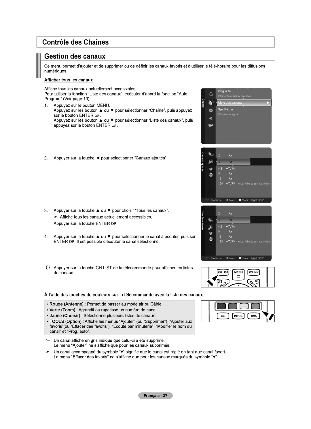 Samsung LN52A750R1F, LN46A750R1F Contrôle des Chaînes Gestion des canaux, Afficher tous les canaux, Liste des canaux 