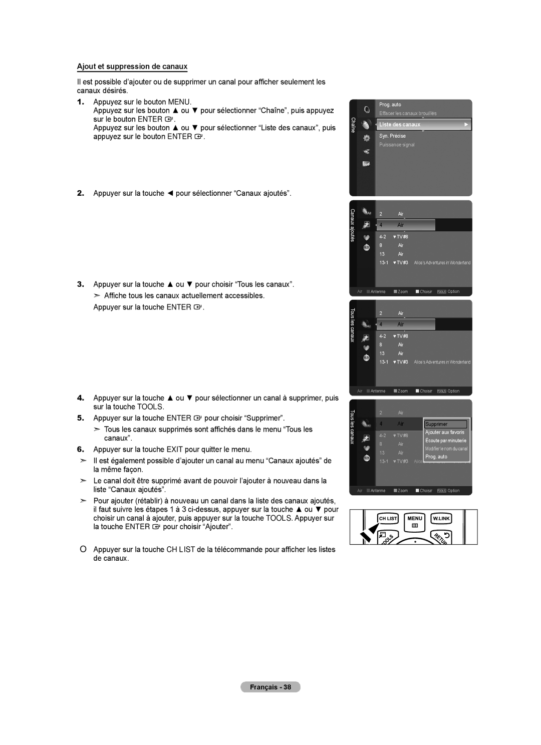 Samsung LN46A750R1F, LN52A750R1F, LN40A750R1F user manual Ajout et suppression de canaux 