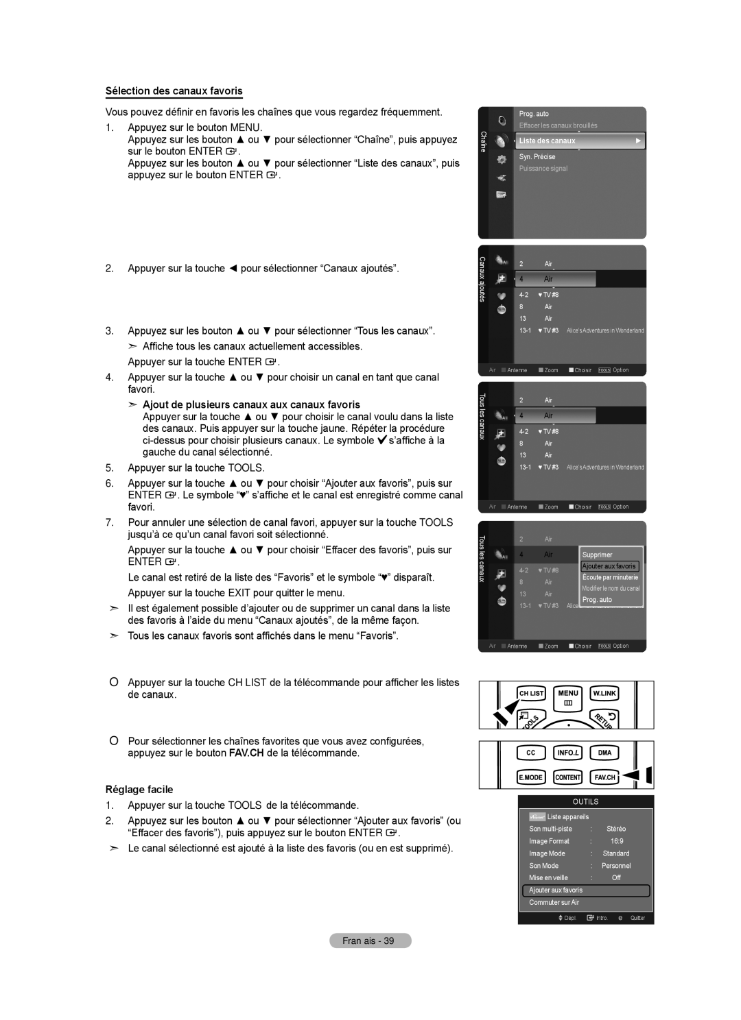 Samsung LN40A750R1F, LN52A750R1F, LN46A750R1F Sélection des canaux favoris, Ajout de plusieurs canaux aux canaux favoris 