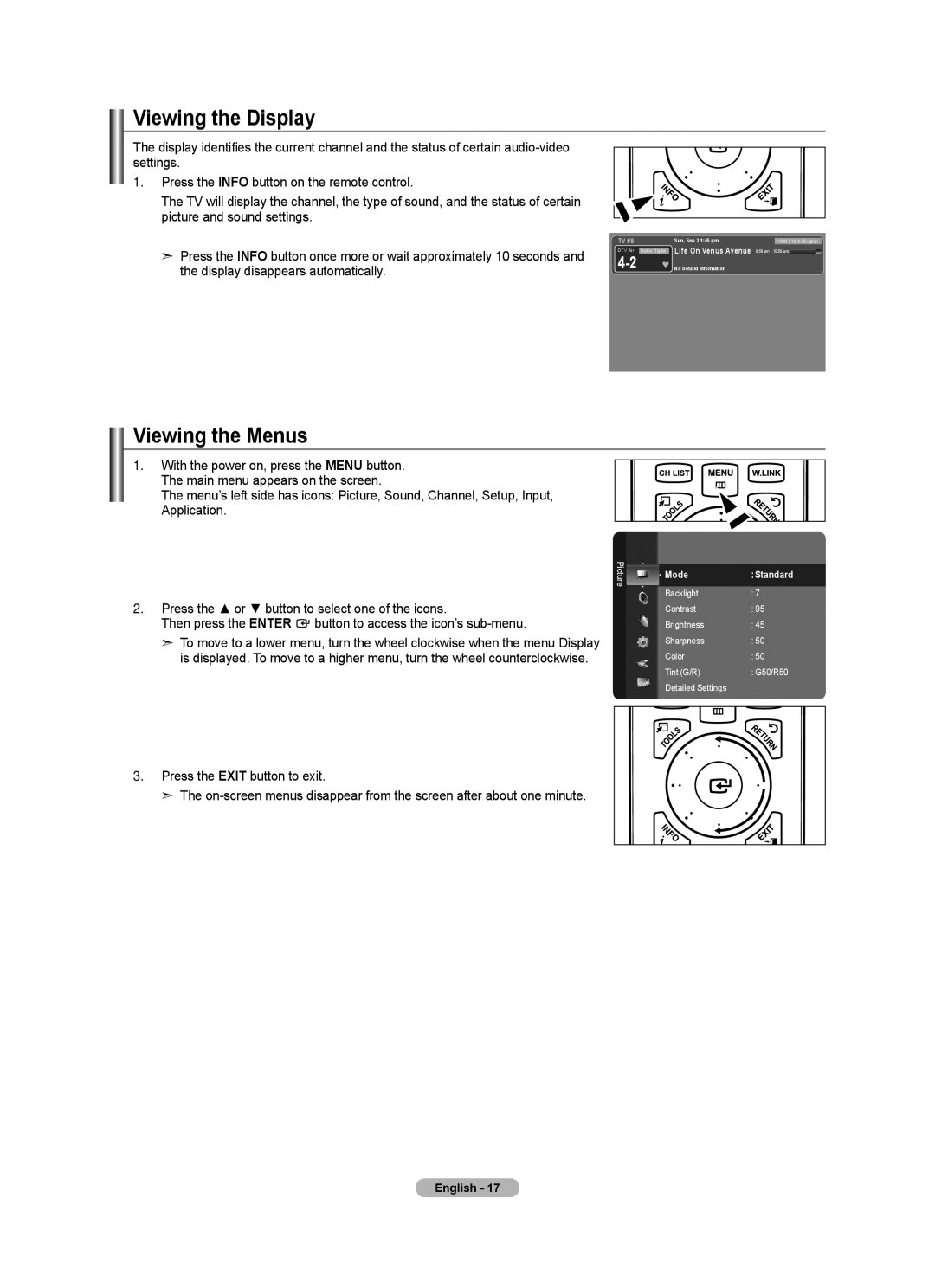 Samsung LN46A750R1F, LN52A750R1F Viewing the Display, Viewing the Menus, Press the or button to select one of the icons 