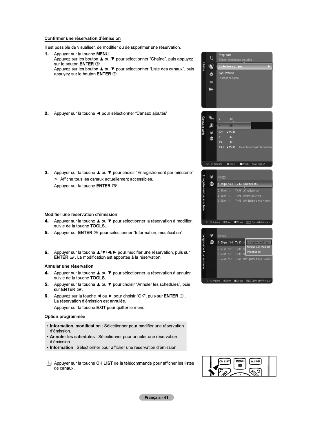 Samsung LN46A750R1F Confirmer une réservation d’émission, Modifier une réservation d’émission, Annuler une réservation 