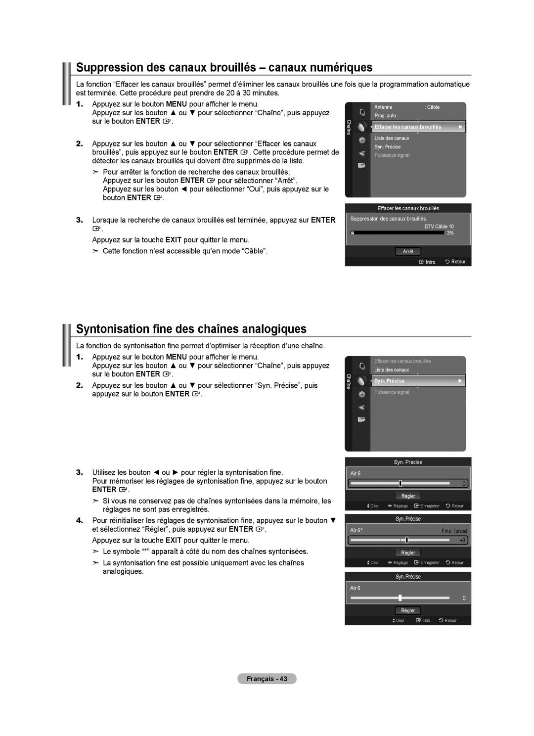 Samsung LN52A750R1F Suppression des canaux brouillés canaux numériques, Syntonisation fine des chaînes analogiques 