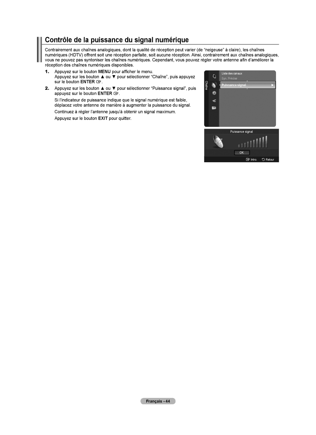 Samsung LN46A750R1F, LN52A750R1F, LN40A750R1F user manual Contrôle de la puissance du signal numérique, Puissance signal 