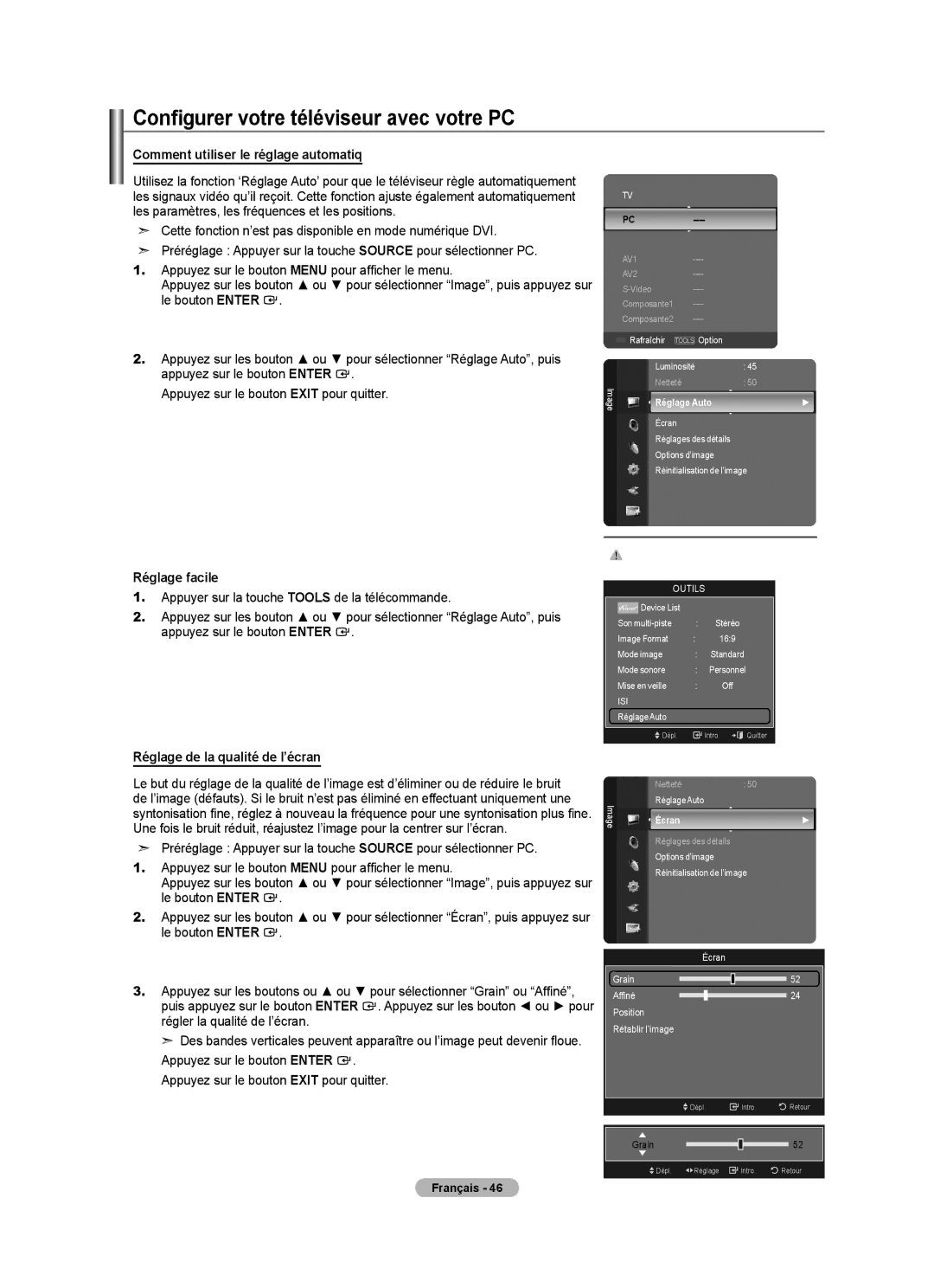 Samsung LN52A750R1F Configurer votre téléviseur avec votre PC, Comment utiliser le réglage automatiq, Réglage Auto, Écran 