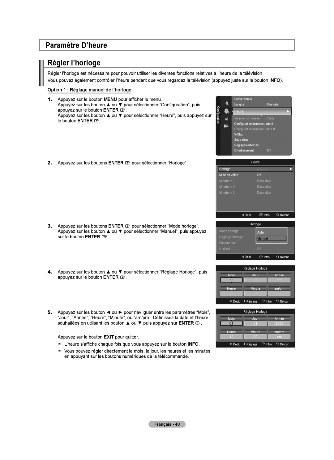 Samsung LN40A750R1F, LN52A750R1F user manual Paramètre D’heure Régler l’horloge, Option 1 Réglage manuel de l’horloge, Heure 