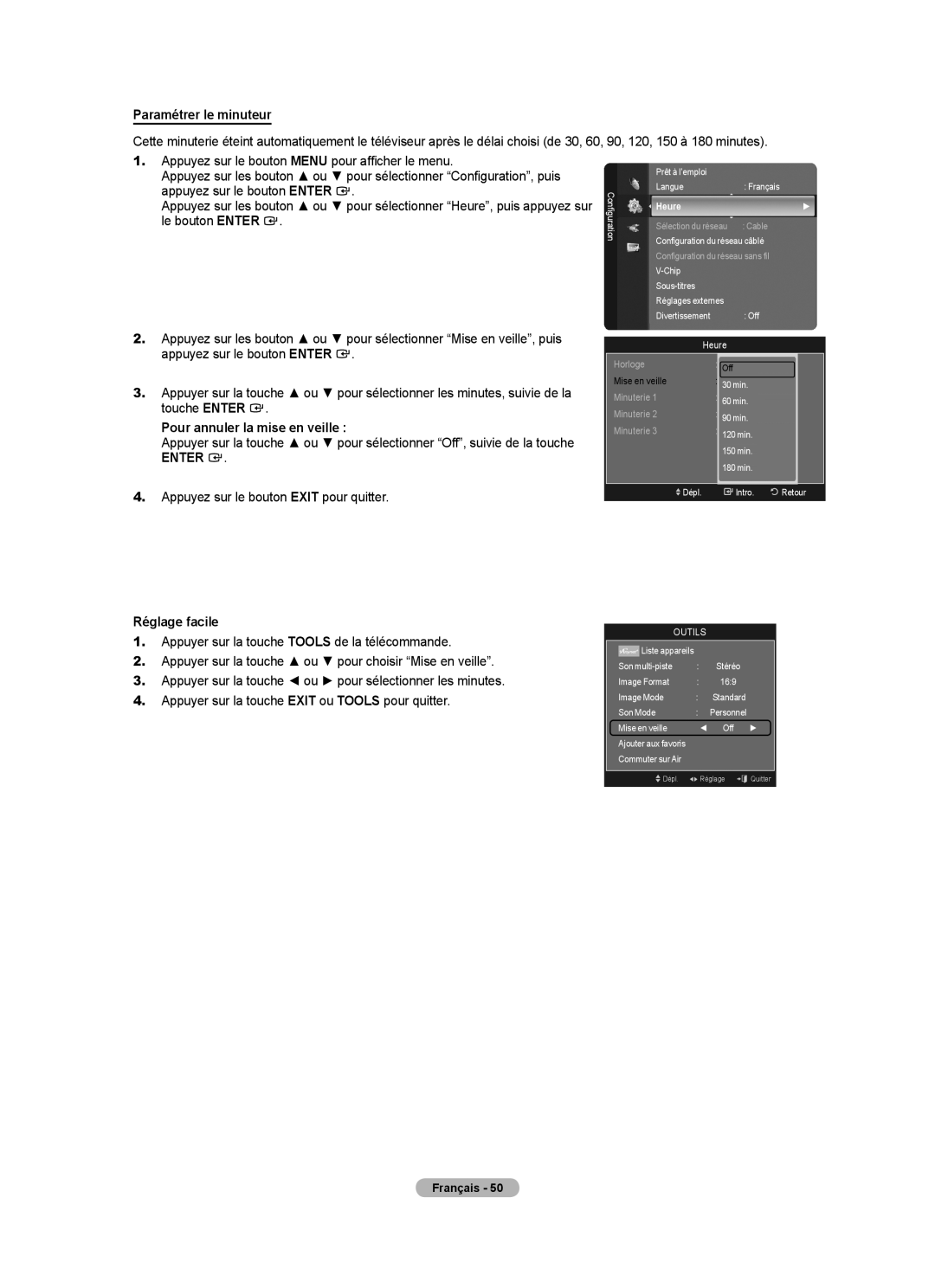 Samsung LN46A750R1F, LN52A750R1F Paramétrer le minuteur, Pour annuler la mise en veille, Heure, Mise en veille Off 