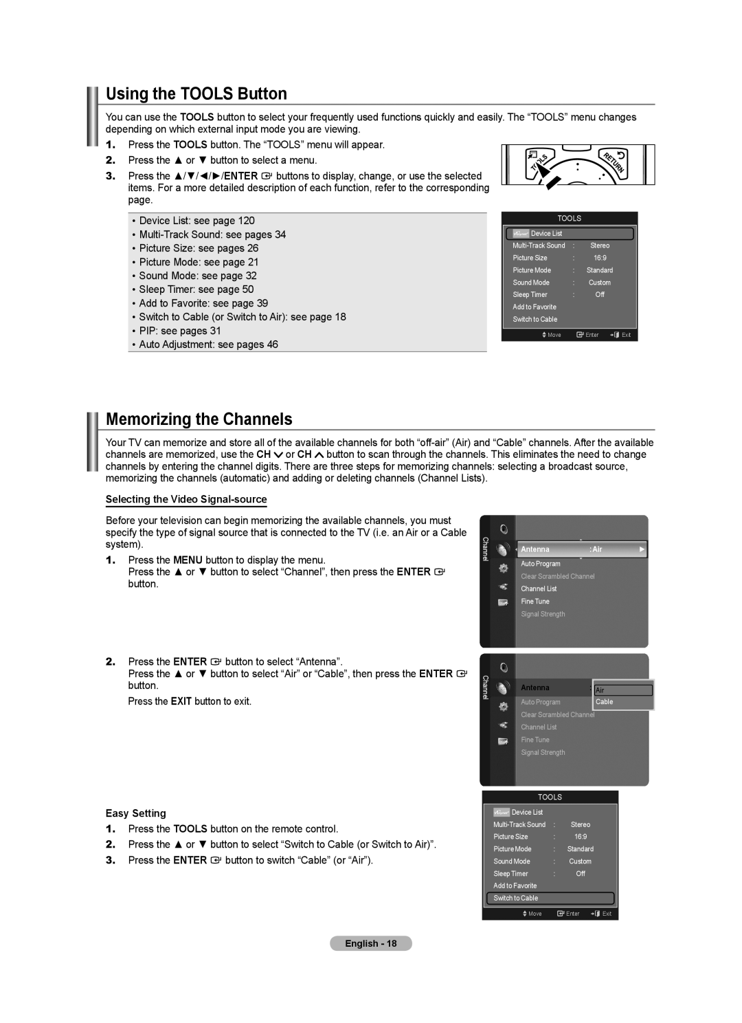 Samsung LN40A750R1F Using the Tools Button, Memorizing the Channels, Selecting the Video Signal-source, Easy Setting 