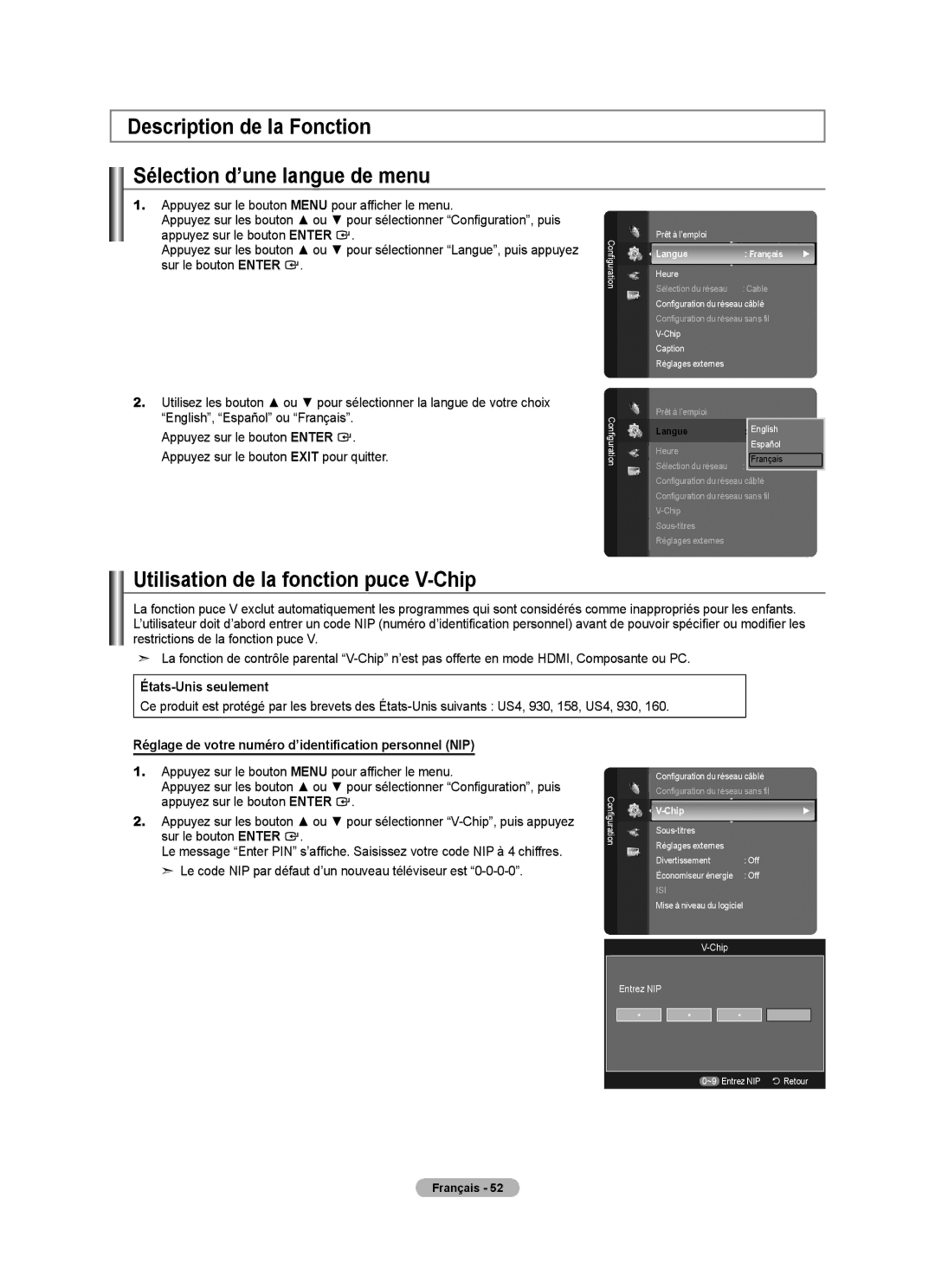 Samsung LN52A750R1F Description de la Fonction Sélection d’une langue de menu, Utilisation de la fonction puce V-Chip 