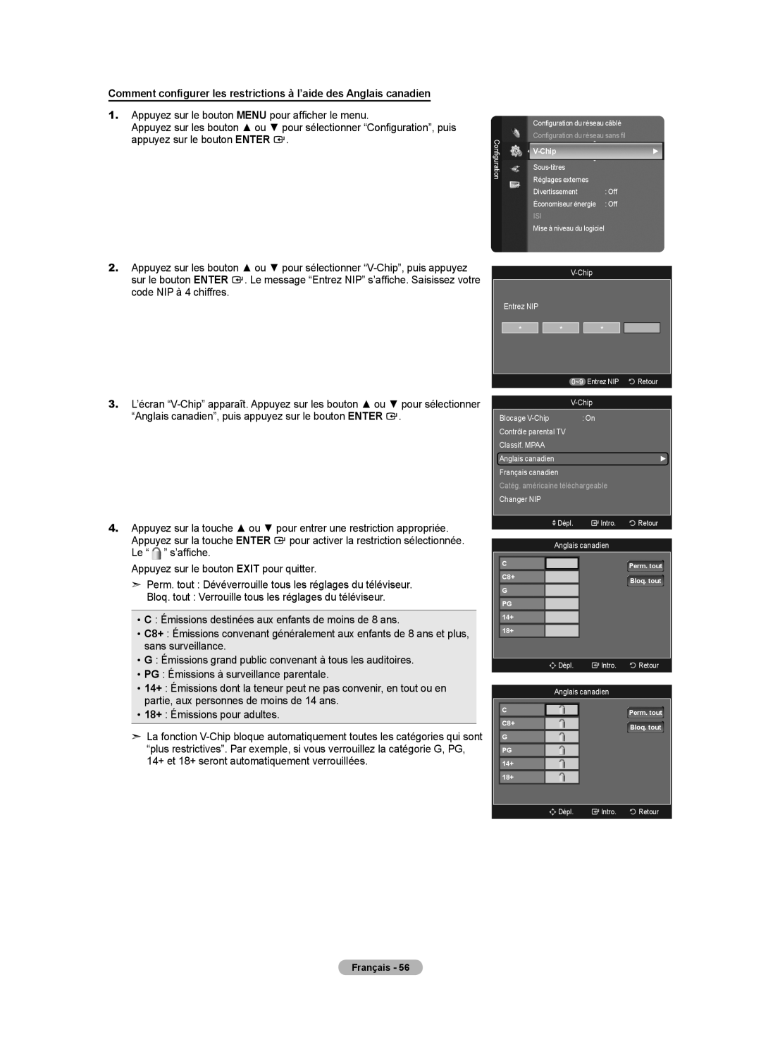 Samsung LN46A750R1F, LN52A750R1F, LN40A750R1F user manual ~9 Entrez NIP Retour Chip 