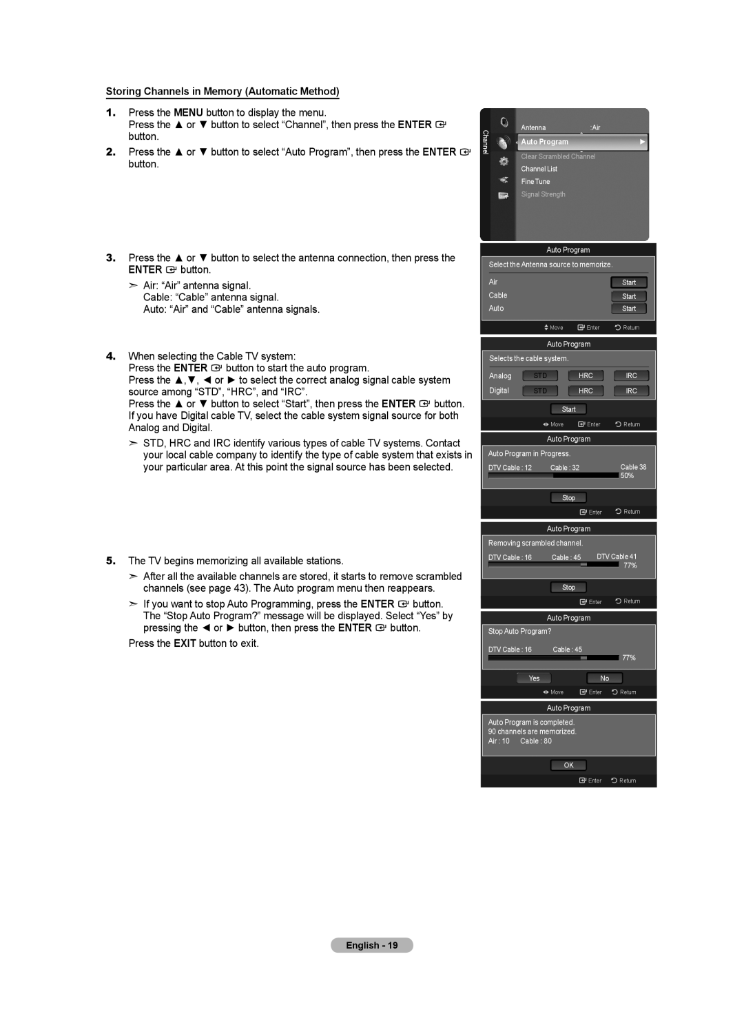 Samsung LN52A750R1F Storing Channels in Memory Automatic Method, TV begins memorizing all available stations, Auto Program 