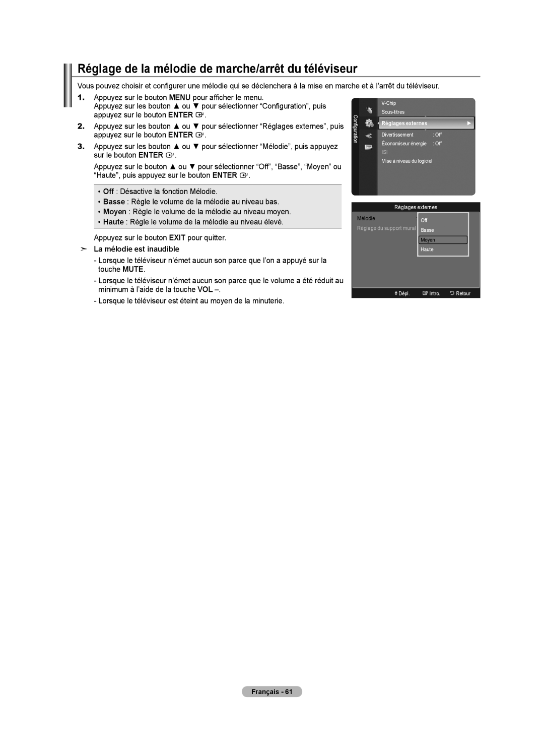 Samsung LN52A750R1F Réglage de la mélodie de marche/arrêt du téléviseur, La mélodie est inaudible, Réglages externes 