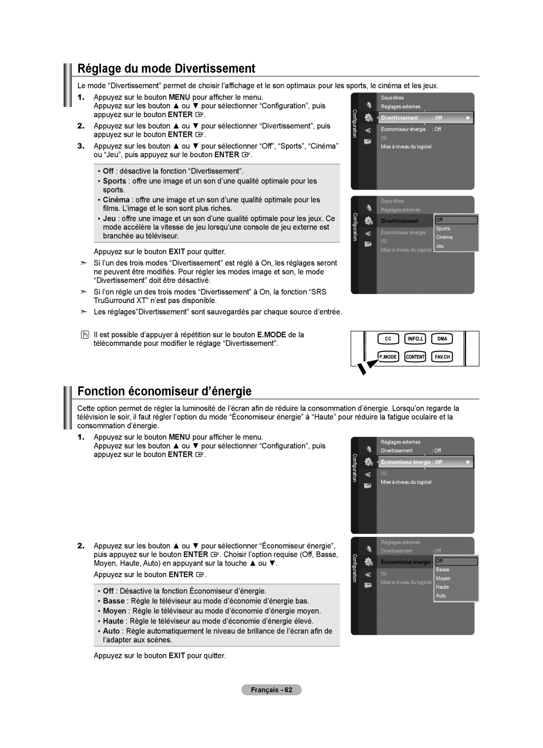 Samsung LN46A750R1F, LN52A750R1F, LN40A750R1F user manual Réglage du mode Divertissement, Fonction économiseur d’énergie 