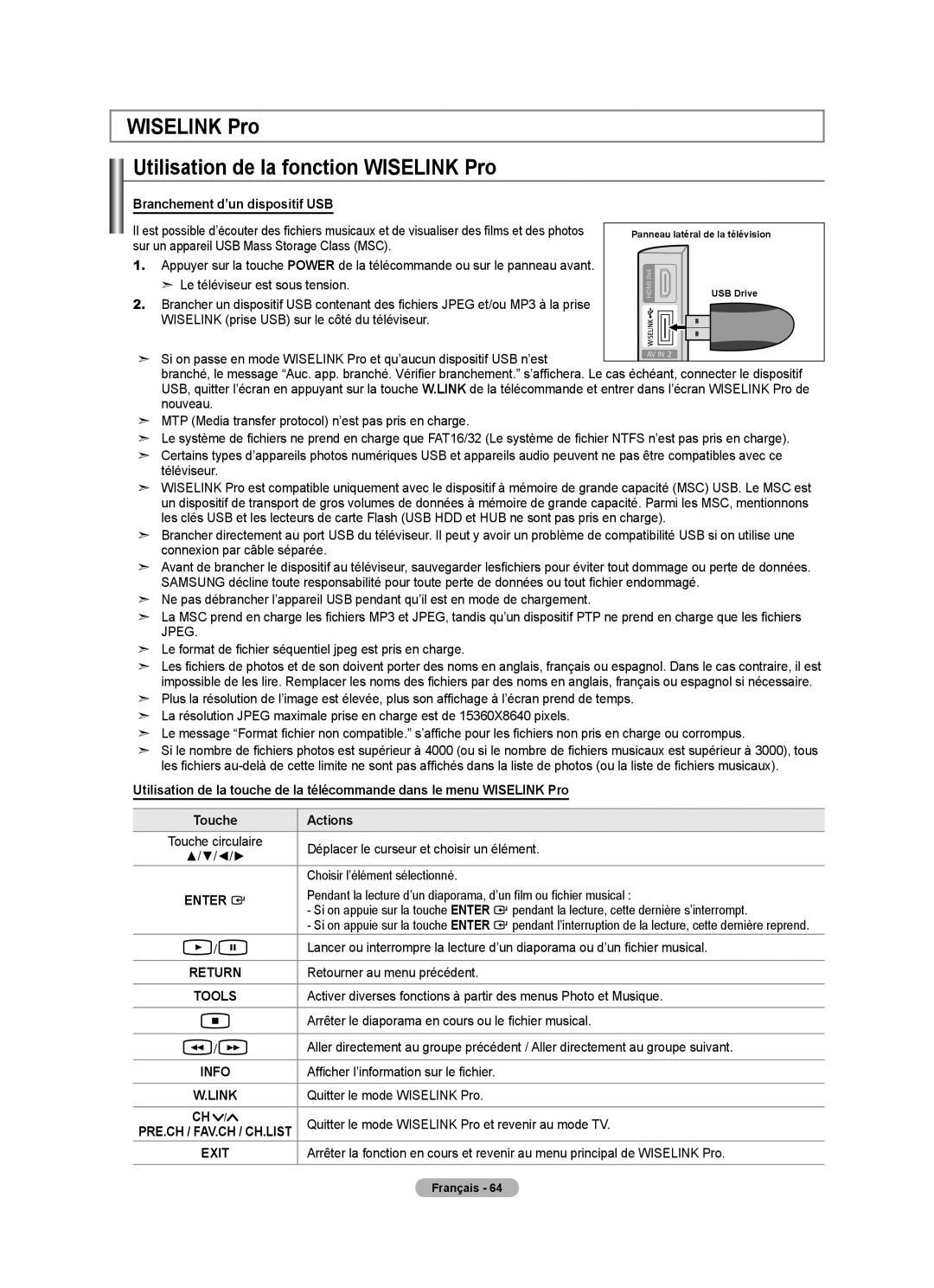 Samsung LN52A750R1F, LN46A750R1F Wiselink Pro Utilisation de la fonction Wiselink Pro, Branchement d’un dispositif USB 