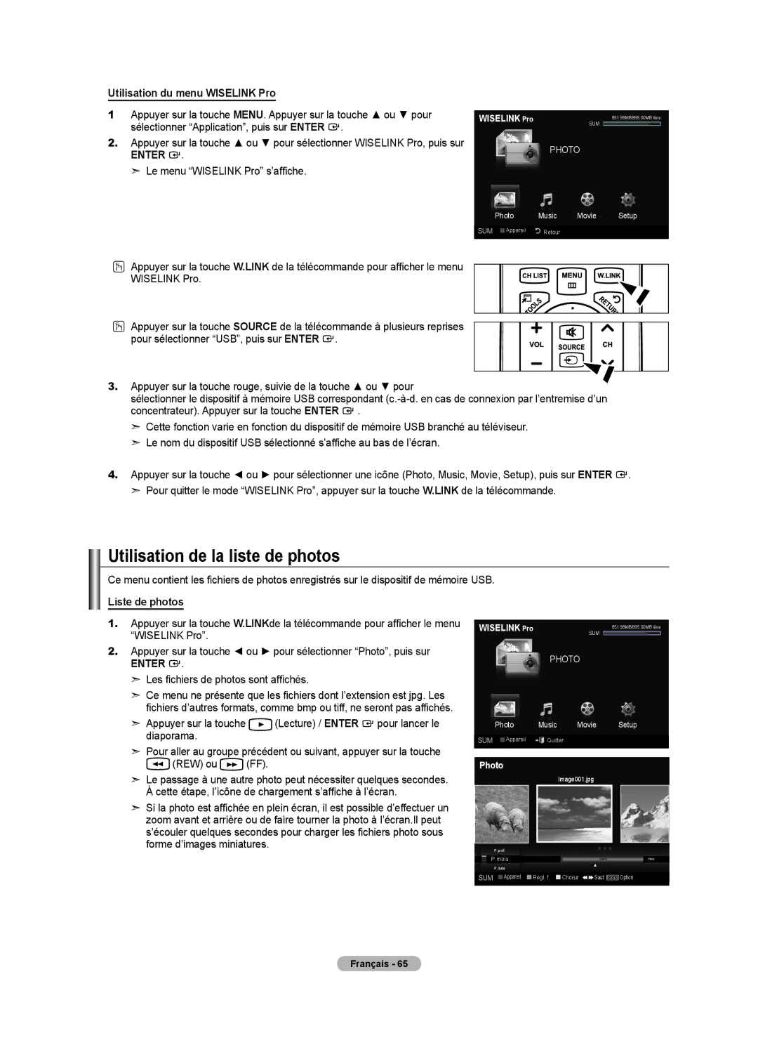 Samsung LN46A750R1F Utilisation de la liste de photos, Utilisation du menu Wiselink Pro, Le menu Wiselink Pro s’affiche 