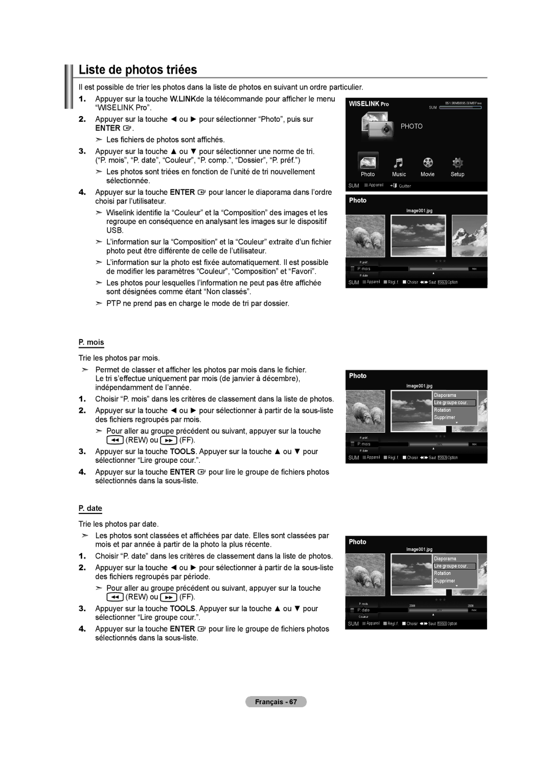 Samsung LN52A750R1F, LN46A750R1F, LN40A750R1F user manual Liste de photos triées, Mois, Date, Trie les photos par date 