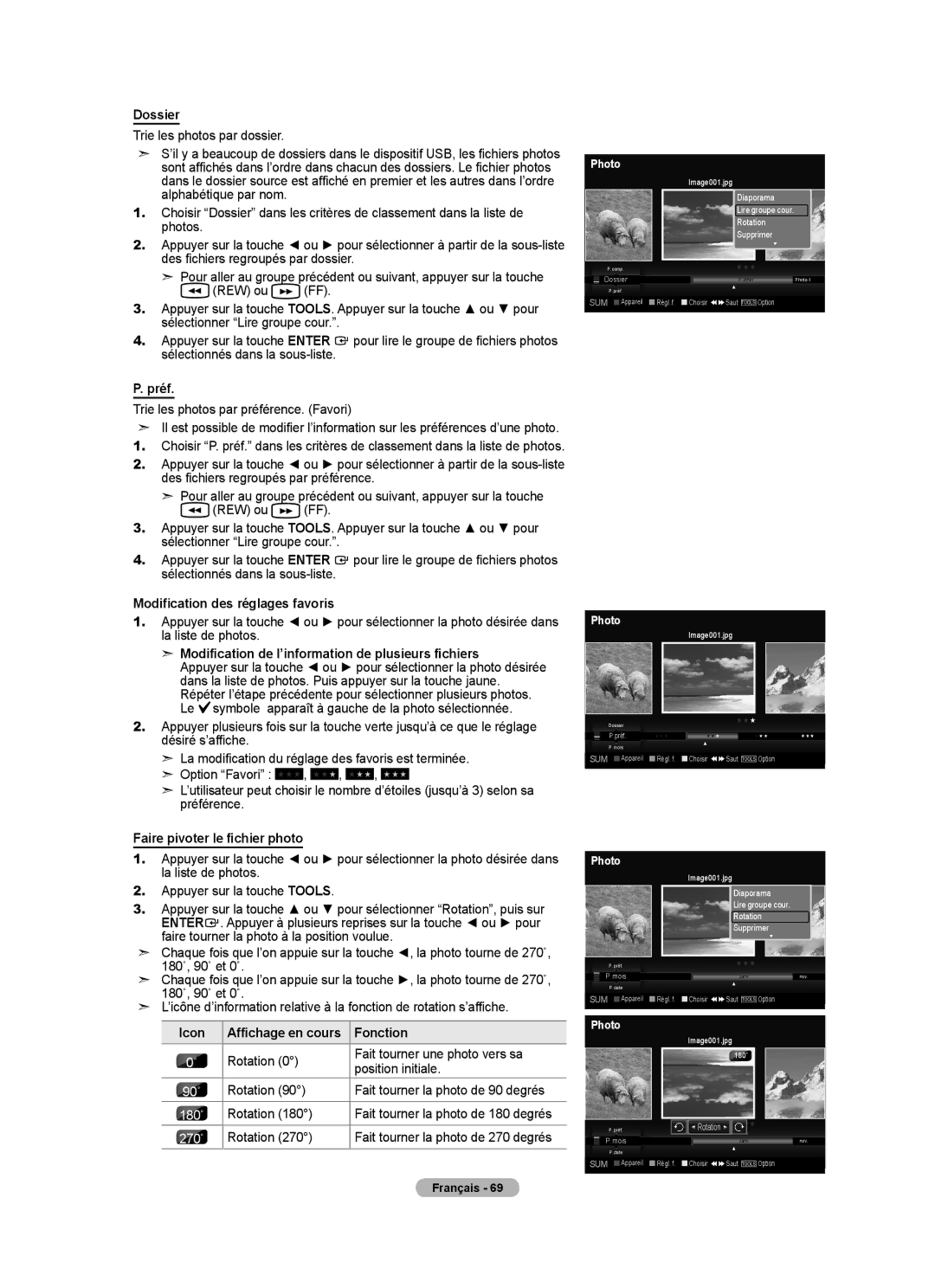 Samsung LN40A750R1F user manual Dossier, Préf, Modification des réglages favoris, Faire pivoter le fichier photo, Fonction 