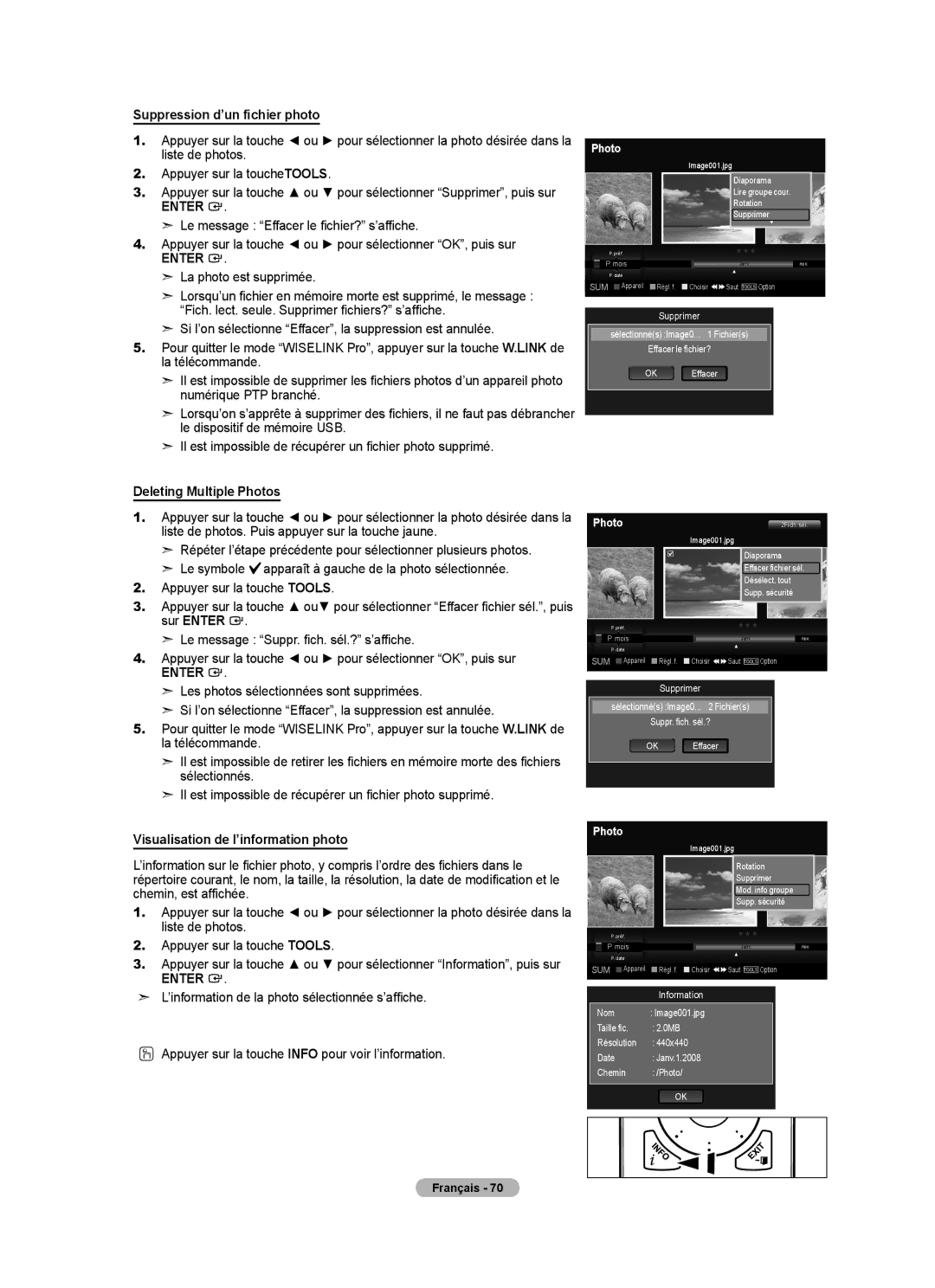 Samsung LN52A750R1F, LN46A750R1F, LN40A750R1F Suppression d’un fichier photo, Visualisation de l’information photo 