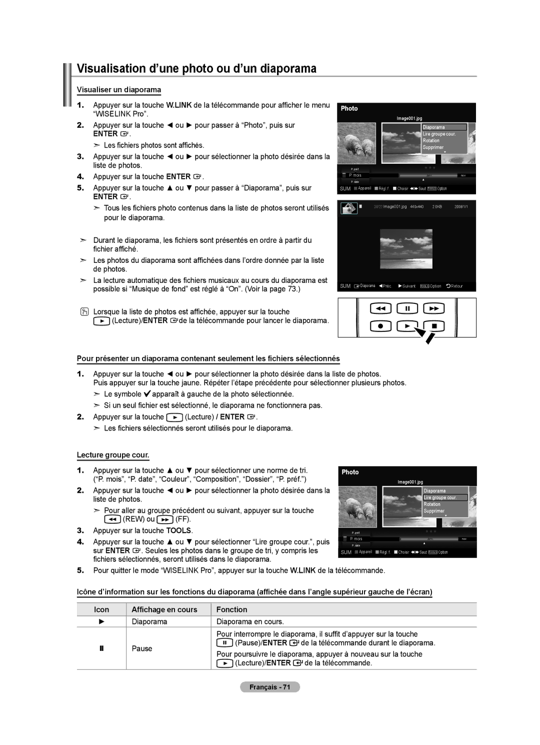 Samsung LN46A750R1F, LN52A750R1F Visualisation d’une photo ou d’un diaporama, Visualiser un diaporama, Lecture groupe cour 