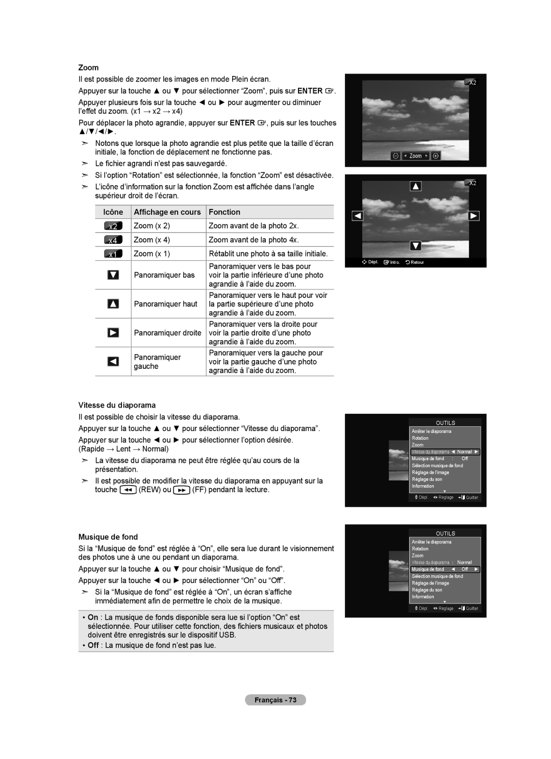 Samsung LN52A750R1F Il est possible de zoomer les images en mode Plein écran, Icône, Vitesse du diaporama, Musique de fond 