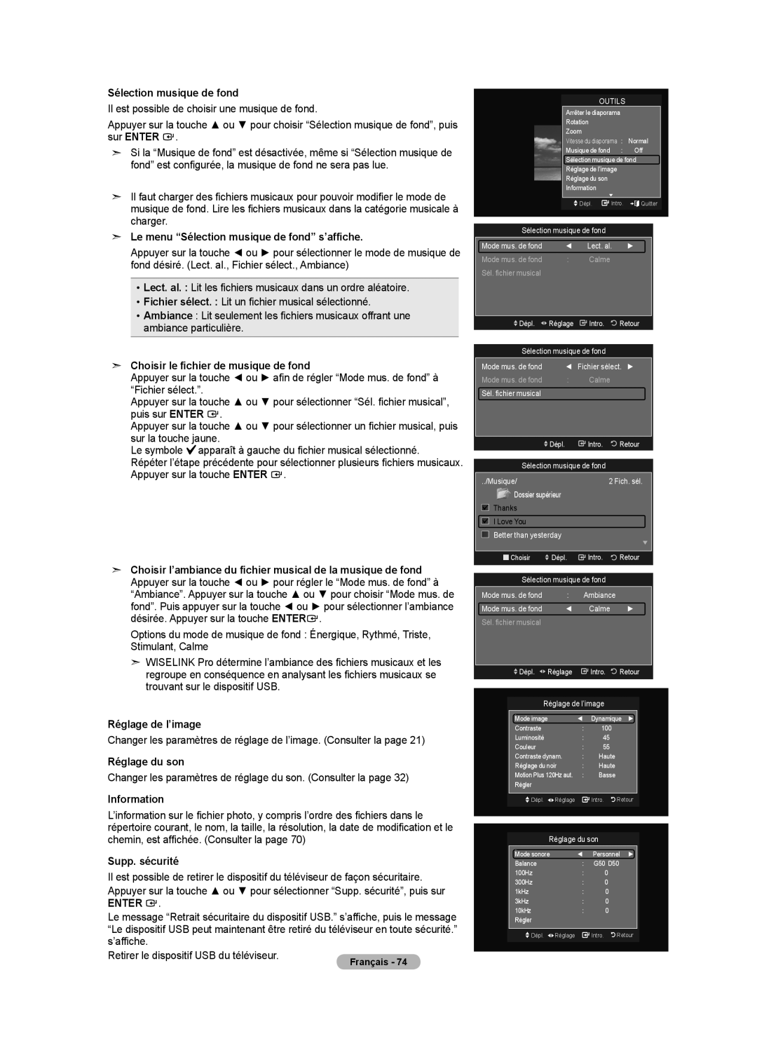 Samsung LN46A750R1F Le menu Sélection musique de fond s’affiche, Choisir le fichier de musique de fond, Réglage du son 