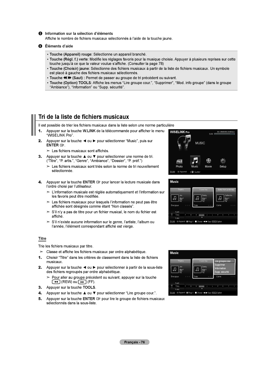 Samsung LN52A750R1F, LN46A750R1F Tri de la liste de fichiers musicaux, Les fichiers musicaux sont affichés, Titre 