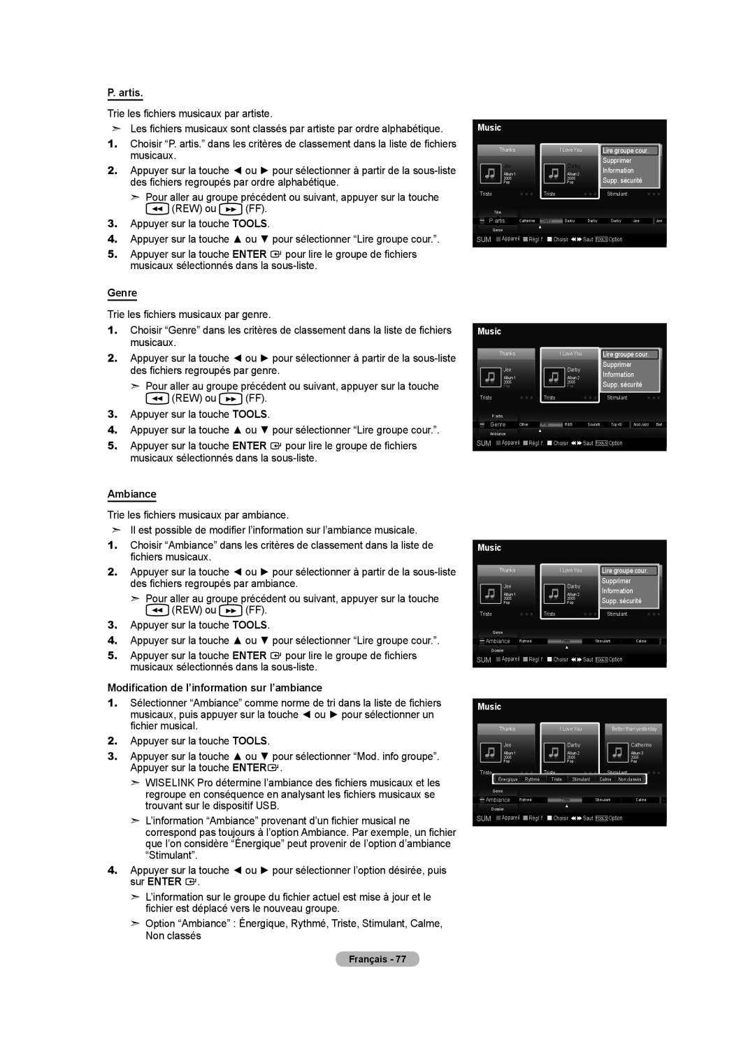 Samsung LN46A750R1F, LN52A750R1F, LN40A750R1F user manual Artis, Ambiance, Modification de l’information sur l’ambiance 