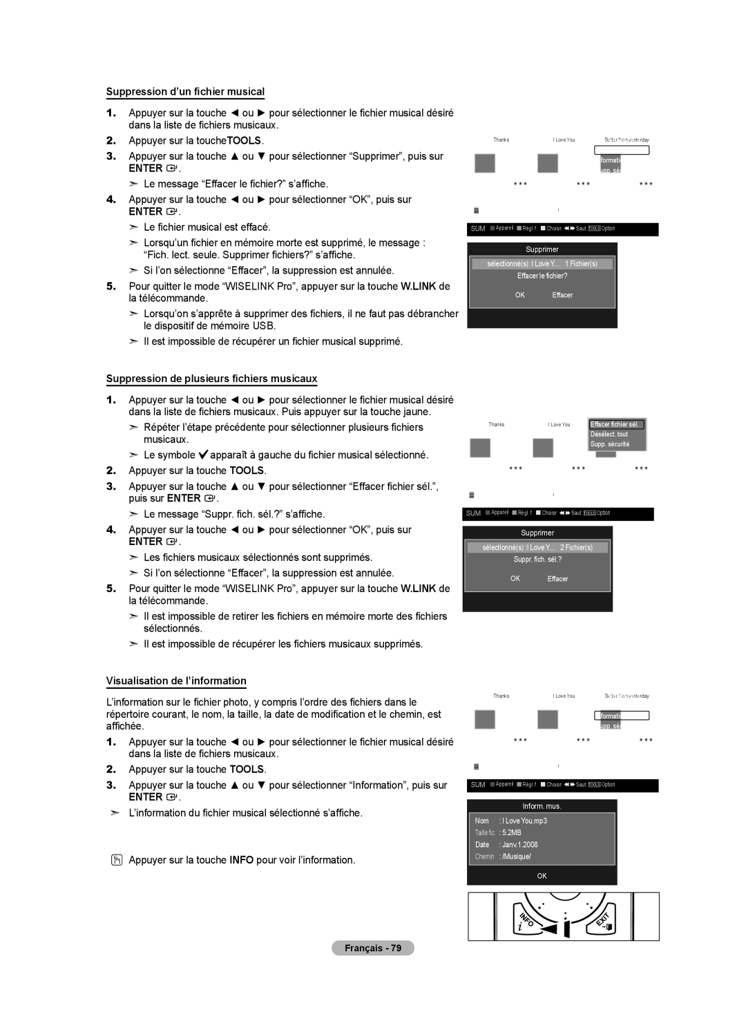 Samsung LN52A750R1F, LN46A750R1F, LN40A750R1F Suppression d’un fichier musical, Suppression de plusieurs fichiers musicaux 