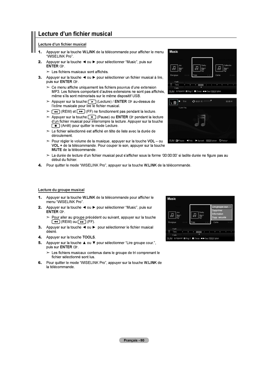 Samsung LN46A750R1F, LN52A750R1F, LN40A750R1F user manual Lecture d’un fichier musical, Lecture du groupe musical 