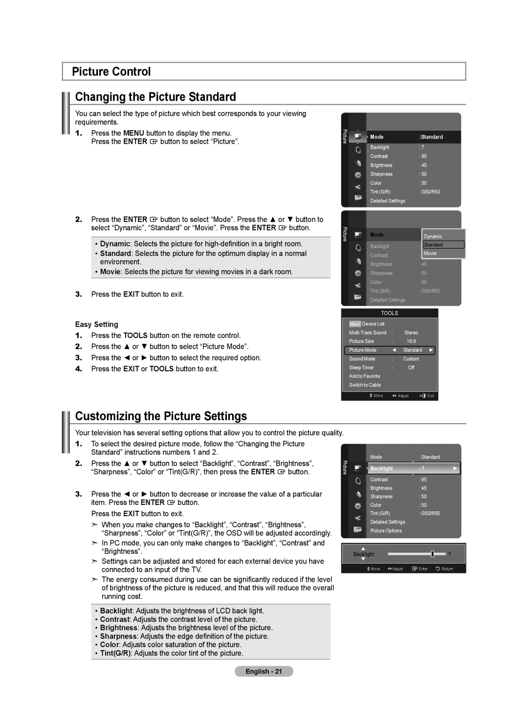 Samsung LN40A750R1F Picture Control Changing the Picture Standard, Customizing the Picture Settings, Mode, Backlight 